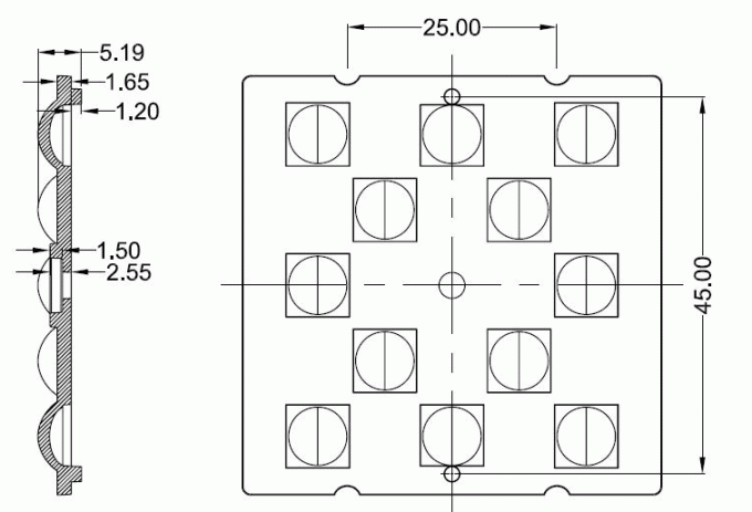 Technical drawing and dimensions of CM-S5050-A120Â° LED lens